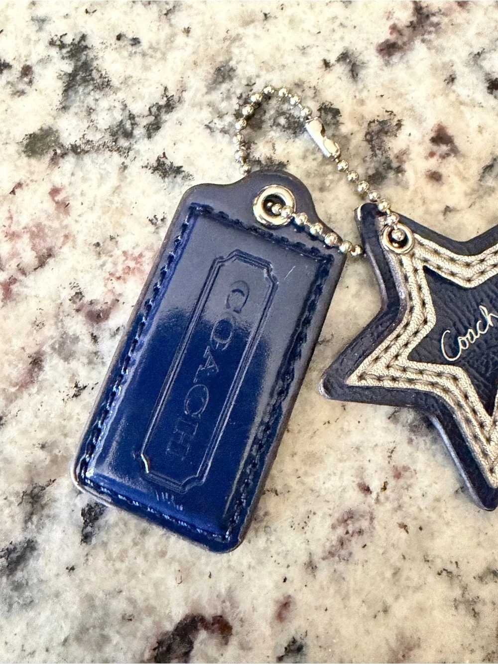 Vintage Coach Navy Patent Leather Hangtag Silver Stitched Star Charm Key fob